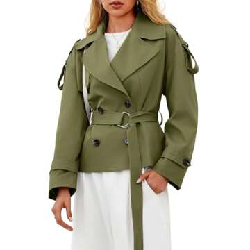 Tankaneo Womens Cropped Trench Coat Casual Double Breasted Short Jacket Fall Fashion Outerwear with ...