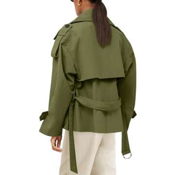 Tankaneo Womens Cropped Trench Coat Casual Double Breasted Short Jacket Fall Fashion Outerwear with Belt