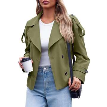 Tankaneo Womens Cropped Trench Coat Casual Double Breasted Short Jacket Fall Fashion Outerwear with Belt