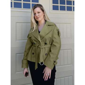 Tankaneo Womens Cropped Trench Coat Casual Double Breasted Short Jacket Fall Fashion Outerwear with Belt