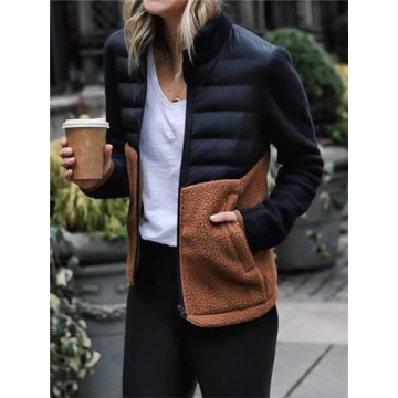 AIWUFLY Women's Fleece Jacket Long Sleeve Zipper Quilted Coat Color Block Patchwork Sherpa Outerwear with Pockets Black Medium