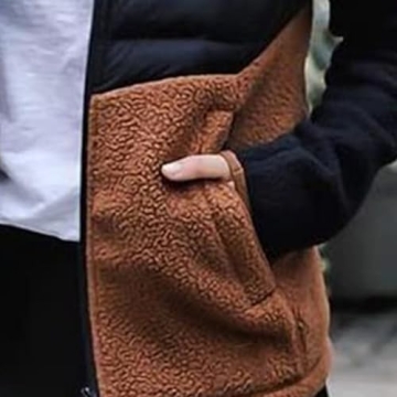 AIWUFLY Women's Fleece Jacket Long Sleeve Zipper Quilted Coat Color Block Patchwork Sherpa Outerwear with Pockets Black Medium