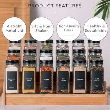 Laramaid 4oz 24Pack Spice Jars with 455 Black Vinyl Spice Labels, Shaker Lids Dispenser with Airtight Black Metal Caps, Cleaning Brush and Collapsible Silicone Funnel Complete Set
