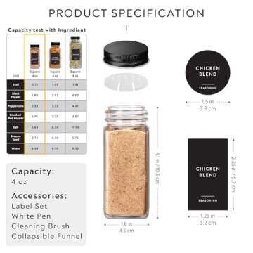 Laramaid 4oz 24Pack Spice Jars with 455 Black Vinyl Spice Labels, Shaker Lids Dispenser with Airtight Black Metal Caps, Cleaning Brush and Collapsible Silicone Funnel Complete Set