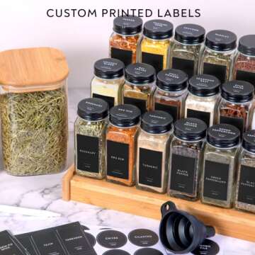 Laramaid 4oz 24Pack Spice Jars with 455 Black Vinyl Spice Labels, Shaker Lids Dispenser with Airtight Black Metal Caps, Cleaning Brush and Collapsible Silicone Funnel Complete Set