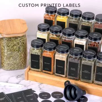Laramaid 4oz 24Pack Spice Jars with 455 Black Vinyl Spice Labels, Shaker Lids Dispenser with Airtight Black Metal Caps, Cleaning Brush and Collapsible Silicone Funnel Complete Set
