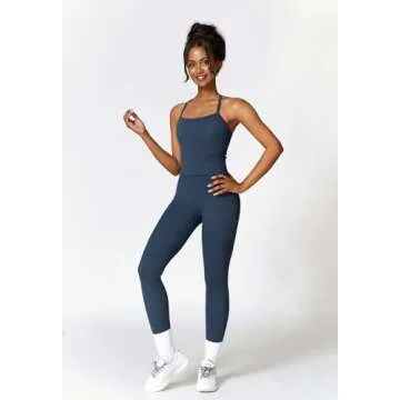 Womens Workout Sets Two Piece Seamless Stretch Cross Back Tank Top Matching Tummy Control High Waist Leggings Set 2 Piece For Women Gym Yoga Active Wear Outfits Athletic Work Out Clothes Dark Blue L