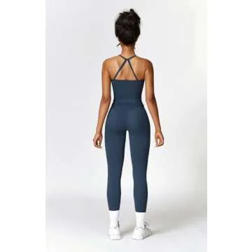 Womens Workout Sets Two Piece Seamless Stretch Cross Back Tank Top Matching Tummy Control High Waist Leggings Set 2 Piece For Women Gym Yoga Active Wear Outfits Athletic Work Out Clothes Dark Blue L