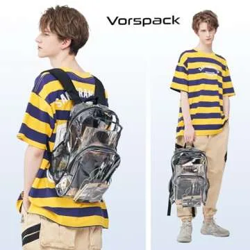 Vorspack Clear Backpack Heavy Duty PVC Transparent Backpack with Reinforced Strap Stitches & Large Capacity for College Workplace Security - Black