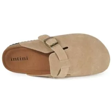 Intini Unisex Suede Leather Clogs Mules Mens Womens Cork Footbed House Slipers with Arch Support and Adjustable Buckle Apricot