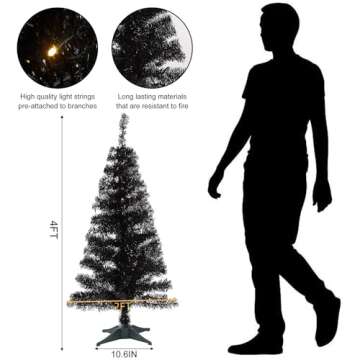 Juegoal Lighted Artificial Halloween Christmas Tree, Pre-lit 4 FT Black Tinsel Xmas Pine Trees, Light up with 70 LED Lights Battery Powered, 8 Modes & Timer for Home Office Party Decorations