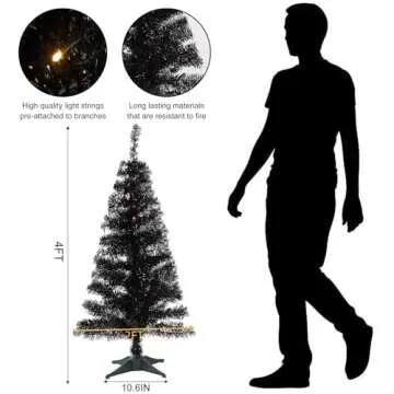 Juegoal Lighted Artificial Halloween Christmas Tree, Pre-lit 4 FT Black Tinsel Xmas Pine Trees, Light up with 70 LED Lights Battery Powered, 8 Modes & Timer for Home Office Party Decorations