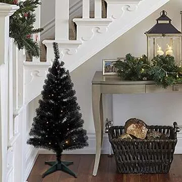 Juegoal Lighted Artificial Halloween Christmas Tree, Pre-lit 4 FT Black Tinsel Xmas Pine Trees, Light up with 70 LED Lights Battery Powered, 8 Modes & Timer for Home Office Party Decorations