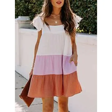 Happy Sailed Womens Summer Casual Square Neck A Line Sundress Color Block Tiered Pleated Swing Fit and Flared Mini Dress Mulicolor XL