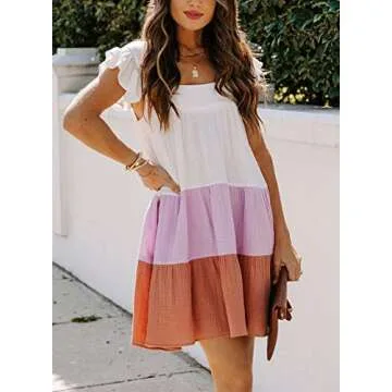 Happy Sailed Womens Summer Casual Square Neck A Line Sundress Color Block Tiered Pleated Swing Fit and Flared Mini Dress Mulicolor XL