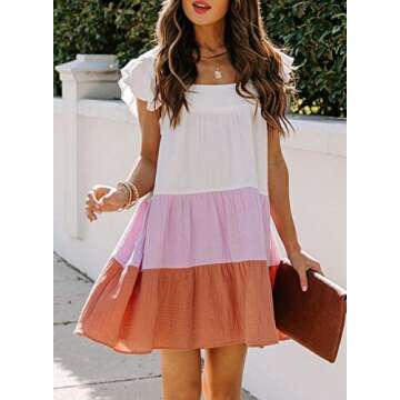 Happy Sailed Womens Summer Casual Square Neck A Line Sundress Color Block Tiered Pleated Swing Fit and Flared Mini Dress Mulicolor XL