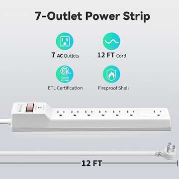 PLUGTUL Surge Protector 12FT (980 Joules), Flat Plug Power Strip, Extension Cord with Multiple Outle...