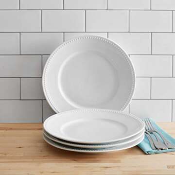 Everyday White Beaded 10.5 Inch Dinner Plates, Service for 4