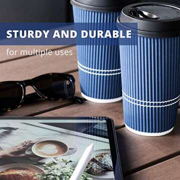 Glowcoast Disposable Coffee Cups With Lids - 16 oz To Go Coffee Cup (70 Set). Large Travel Cups Hold Shape With Hot and Cold Drinks, No Leaks! Insulated Ripple Cups Protect Hands, No Sleeves needed!
