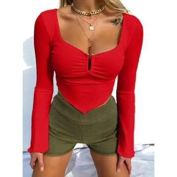Avanova Women Ruched Long Sleeve Going Out Crop Top Square Neck Asymmetrical Ribbed Knit Shirt Red Medium