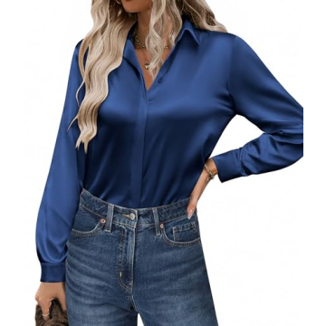 Zeagoo Satin Blouse for Women Long Sleeve Silk Button Down Shirt Casual Business Dressy Top Navy Blu...
