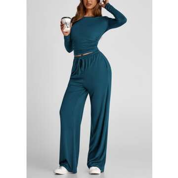 PRETTYGARDEN Women's Spring Fall Two Piece Outfits Tracksuits Long Sleeve Crop Tee Shirts Wide Leg Pants Matching Lounge Sets (Dark Blue,Large)