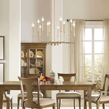 WOKNOS Modern Gold Farmhouse Chandeliers, 12-Light Industrial Metal Chandelier Lighting, Classic Candle Hanging Pendant Light Fixtures for Kitchen, Dining Room, Living Room, Entryway