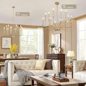 WOKNOS Modern Gold Farmhouse Chandeliers, 12-Light Industrial Metal Chandelier Lighting, Classic Candle Hanging Pendant Light Fixtures for Kitchen, Dining Room, Living Room, Entryway