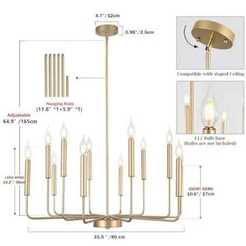 WOKNOS Modern Gold Farmhouse Chandeliers, 12-Light Industrial Metal Chandelier Lighting, Classic Candle Hanging Pendant Light Fixtures for Kitchen, Dining Room, Living Room, Entryway