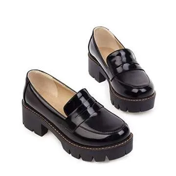 Women's Classic Platform Chunky Heel Penny Loafers Slip On Round Toe Patent Leather Oxfords Dress Sh...