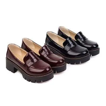 Women's Classic Platform Chunky Heel Penny Loafers Slip On Round Toe Patent Leather Oxfords Dress Shoes Black