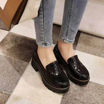 Women's Classic Platform Chunky Heel Penny Loafers Slip On Round Toe Patent Leather Oxfords Dress Shoes Black