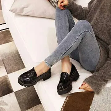 Women's Classic Platform Chunky Heel Penny Loafers Slip On Round Toe Patent Leather Oxfords Dress Shoes Black