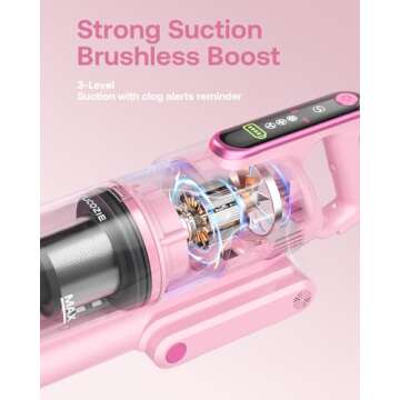 Cordless Vacuum Cleaner, 45Kpa 50 Mins Runtime Self-Standing Stick Vacuum Cleaners for Home, Powerful Suction, Lightweight, LED Touch Screen 8 in 1 Vacuum for Pet Hair, Carpet, Hardwood Floor, Pink