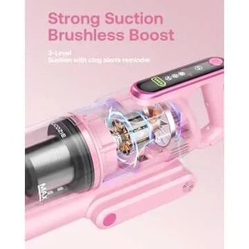 Cordless Vacuum Cleaner, 45Kpa 50 Mins Runtime Self-Standing Stick Vacuum Cleaners for Home, Powerful Suction, Lightweight, LED Touch Screen 8 in 1 Vacuum for Pet Hair, Carpet, Hardwood Floor, Pink