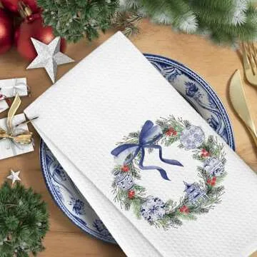 Yorhifa Chinoiserie Christmas Kitchen Towels Set of 4, Christmas Dish Hand Tea Towels for Kitchen, Xmas Decorative Kitchen Towel, Blue and White Chinoiserie Decor for Bathroom Kitchen, 16x24inch