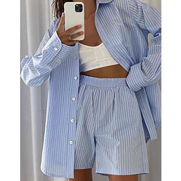 SAFRISIOR Women’s 2 Piece Casual Tracksuit Outfit Sets Stripe Long Sleeve Shirt And Loose High Waisted Mini Shorts Set