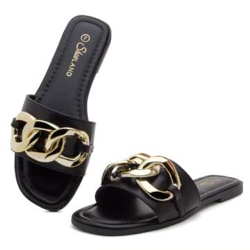 Shoe Land EMMA Women’s Flat Sandals Square Open Toe Single Band Slides Black White Flat Sandals Wi...