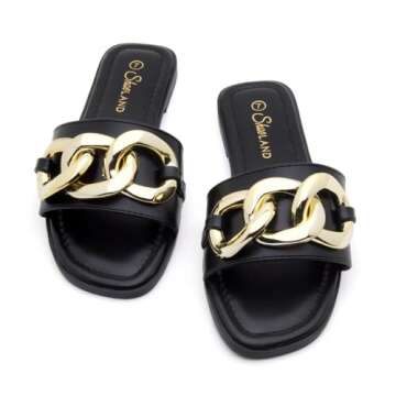 Shoe Land EMMA Women’s Flat Sandals Square Open Toe Slides