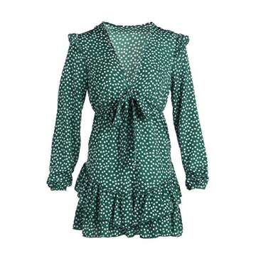REDWOON Women Dresses Floral V Neck Long Sleeve Tie Knot Ruffle Layer Swing Mini Dress (Green, S)