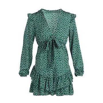 REDWOON Women Dresses Floral V Neck Long Sleeve Tie Knot Ruffle Layer Swing Mini Dress (Green, S)