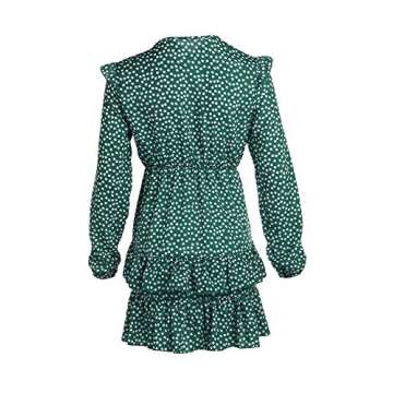 REDWOON Women Dresses Floral V Neck Long Sleeve Tie Knot Ruffle Layer Swing Mini Dress (Green, S)