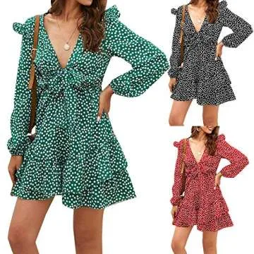 REDWOON Women Dresses Floral V Neck Long Sleeve Tie Knot Ruffle Layer Swing Mini Dress (Green, S)