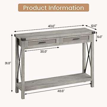 IDEALHOUSE Farmhouse Entryway Table, Grey Console Table with Rattan Drawers, 43" Sofa Table with Sto...