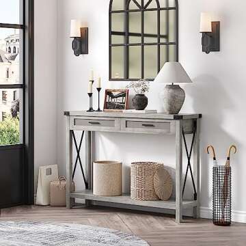 IDEALHOUSE Farmhouse Entryway Table, Grey Console Table with Rattan Drawers, 43" Sofa Table with Storage, Console Tables for Entryway, Living Room, Hallway, Foyer-Grey
