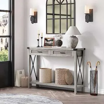 IDEALHOUSE Farmhouse Entryway Table, Grey Console Table with Rattan Drawers, 43" Sofa Table with Storage, Console Tables for Entryway, Living Room, Hallway, Foyer-Grey