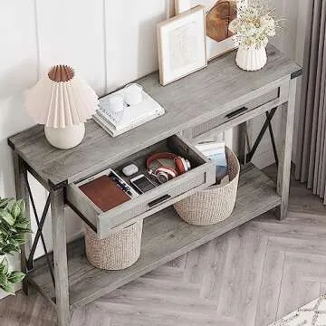 IDEALHOUSE Farmhouse Entryway Table, Grey Console Table with Rattan Drawers, 43" Sofa Table with Storage, Console Tables for Entryway, Living Room, Hallway, Foyer-Grey