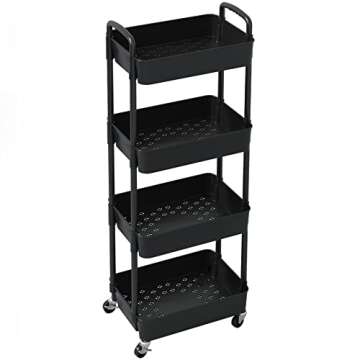 Sywhitta 4-Tier Plastic Rolling Utility Cart with Handle, Multi-Functional Storage Trolley for Office, Living Room, Kitchen, Movable Storage Organizer with Wheels, Black