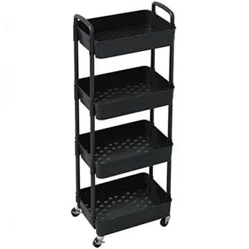 Sywhitta 4-Tier Plastic Rolling Utility Cart with Handle, Multi-Functional Storage Trolley for Office, Living Room, Kitchen, Movable Storage Organizer with Wheels, Black