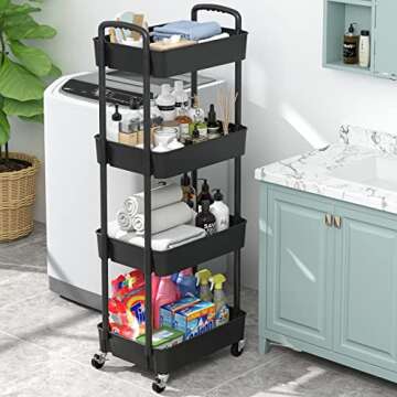 Sywhitta 4-Tier Plastic Rolling Utility Cart with Handle, Multi-Functional Storage Trolley for Office, Living Room, Kitchen, Movable Storage Organizer with Wheels, Black